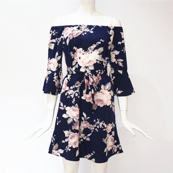 Boho Off Shoulder Navy Floral Chiffon Mini Dress - Picture 4 of 13